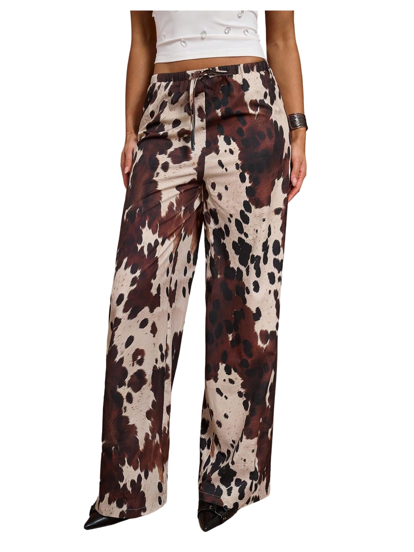 MakeMeChic Womens Cow Print Wide Leg Pants Low Waist Drawstring Baggy Trousers