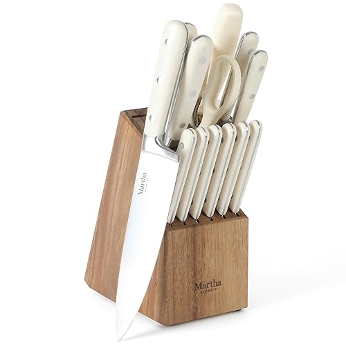 MARTHA STEWART Eastwalk 14 Piece High Carbon Stainless Steel Cutlery Kitchen Knife Block Set w/ABS Triple Riveted Forged Handle Acacia Wood Block - Linen White - Knife Block Set (14-Piece) - Linen
