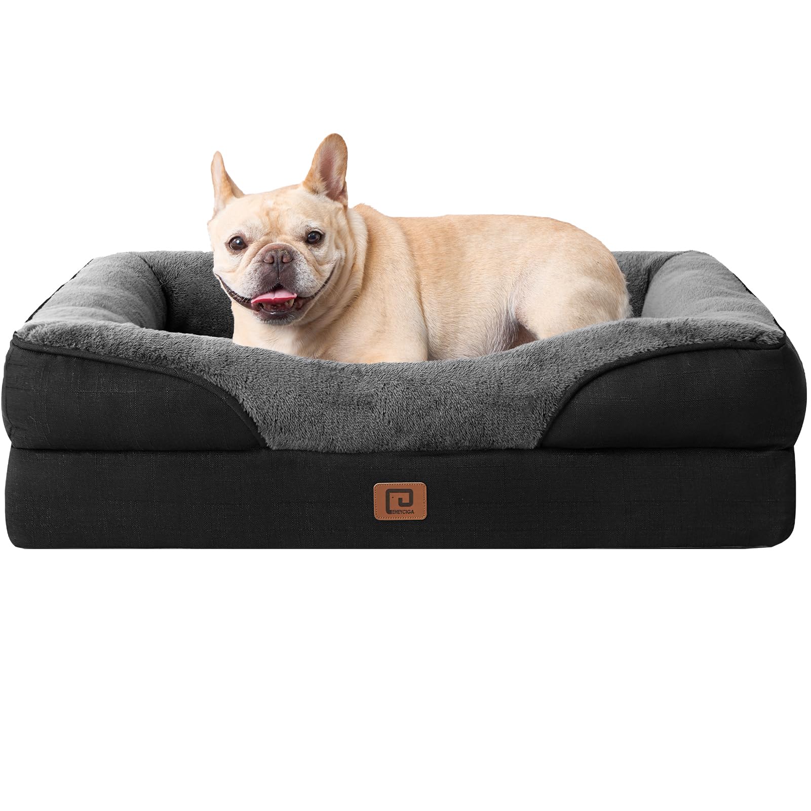 EHEYCIGA Memory Foam Cuccia Cane Interno Taglia Media, Impermeabile Divano per Cani Sfoderabile e Lavabile, Letto per Cani con 4 Bordi Rialzati, Grigio Scuro/Nero, 76x51x16.5cm