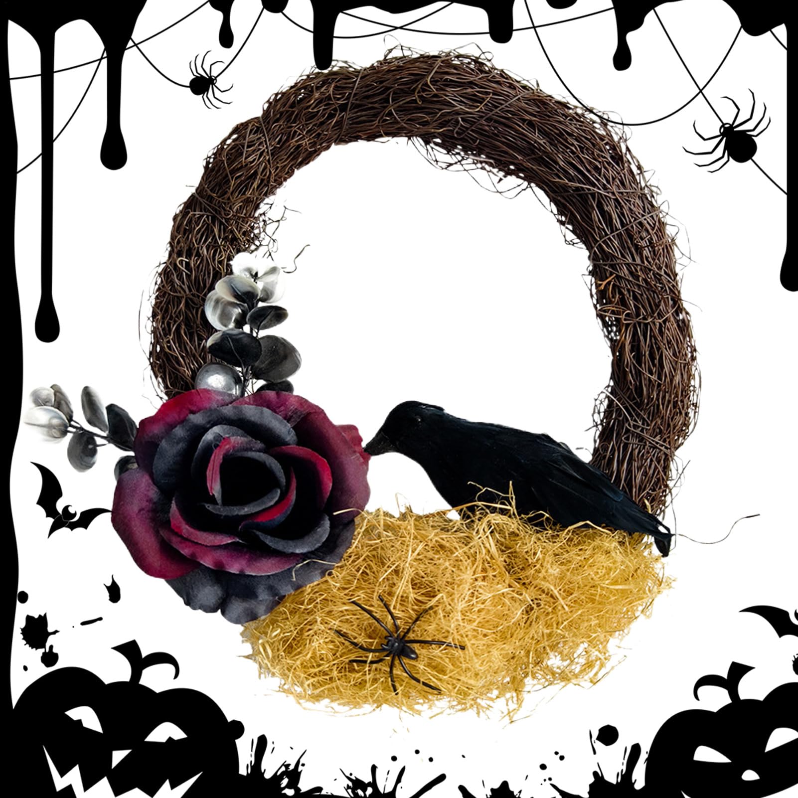 Couronnes d'Halloween pour porte avec corbeaux et branches mortes réalistes