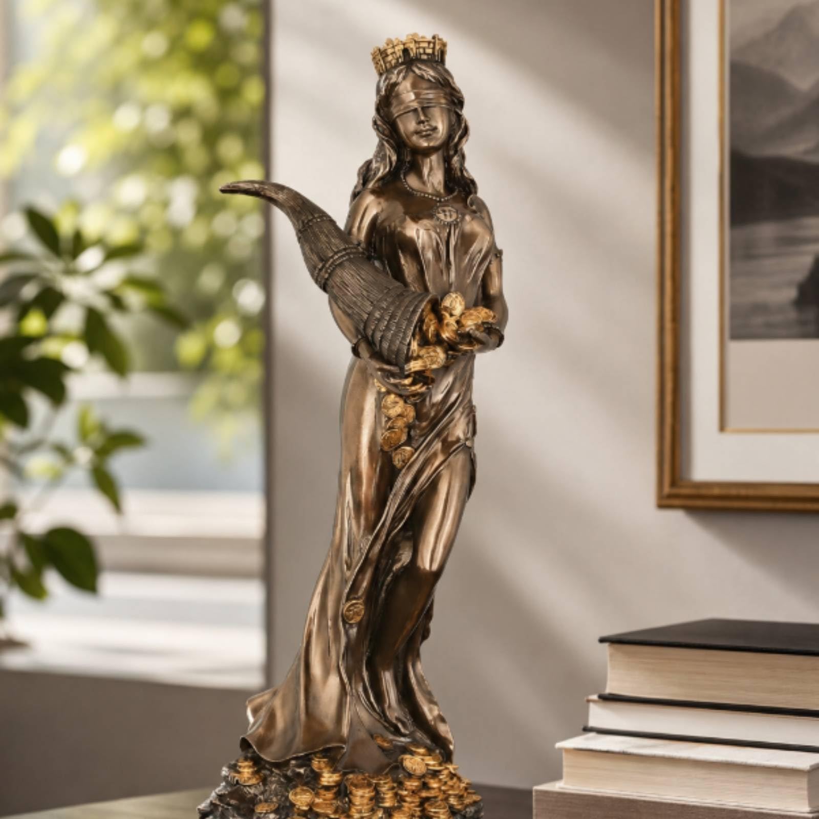 Della Fortuna Bendata con Cornucopia Ornamentale Scultura Dipinta a Mano Figura Decorativa per Ufficio, Statua Della Dea Del Destino - Piccola Resina + Polvere Di Rame