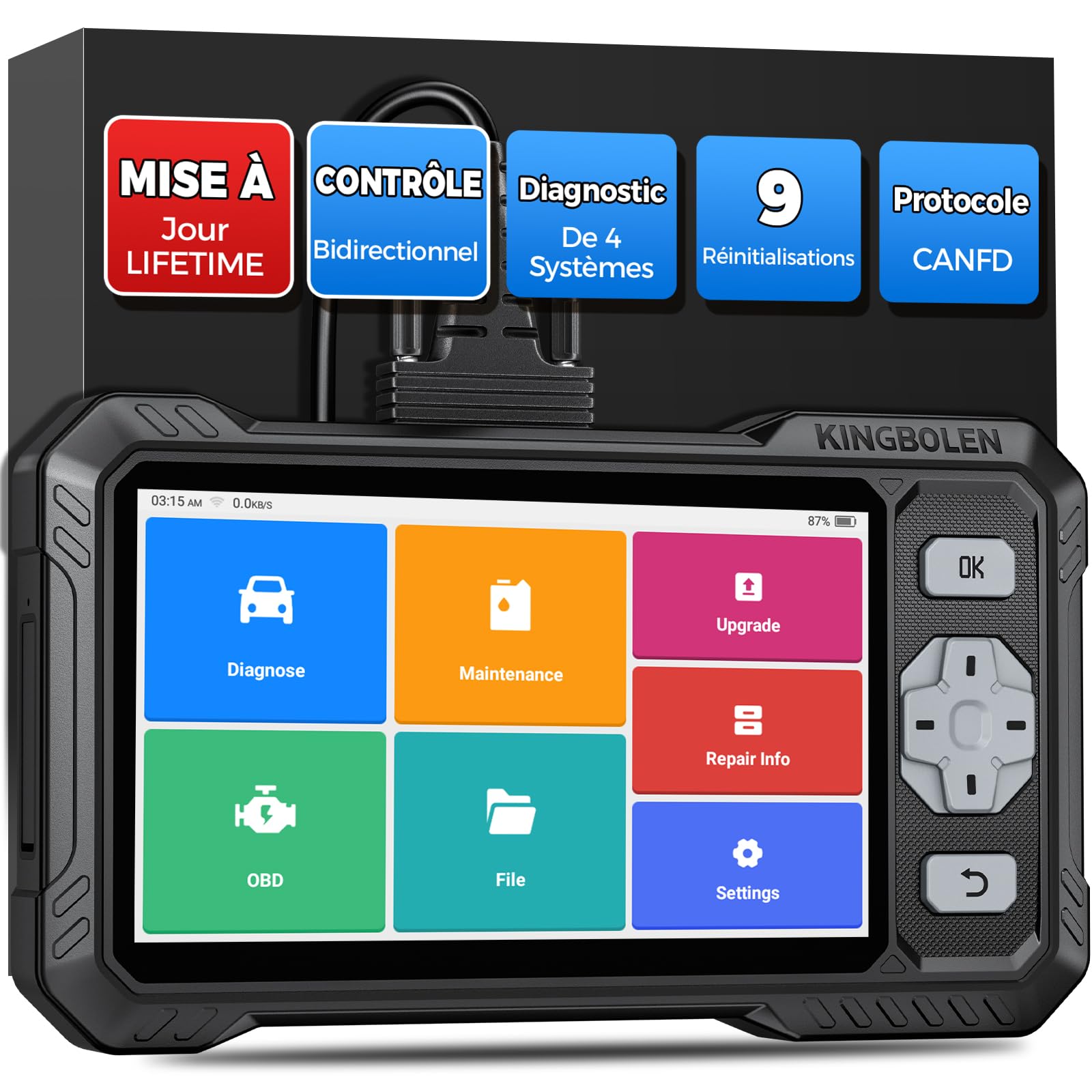 KINGBOLEN S608 Valise Diagnostic Auto, OBD2 Diagnostic Français pour 4 Systèmes ABS SRS Transmission Moteur, Tests Actifs Bidirectionnels, 9 Réinitialisations, CANFD＆FCA, Mise à Jour Gratuite