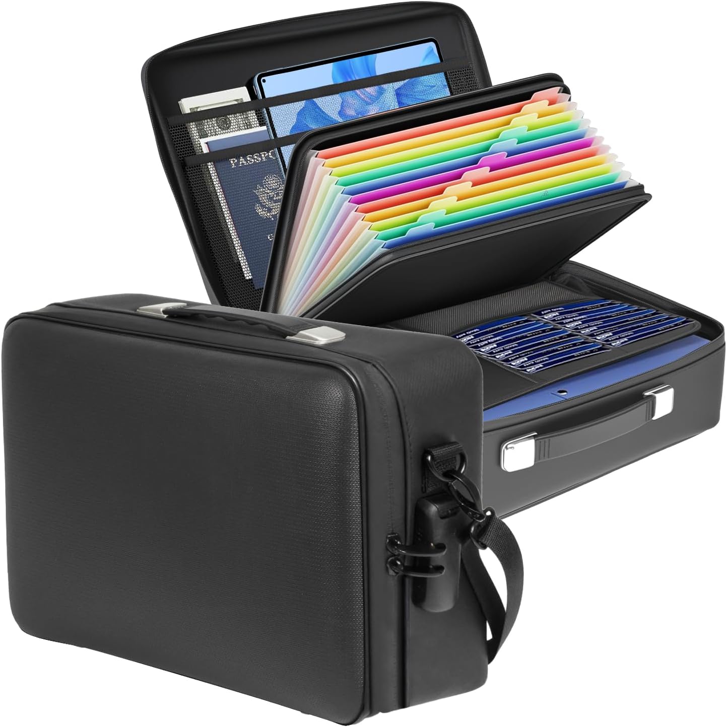 Fireproof Document Box with Combination Lock, Water-Resistant Portable File Organizer Case with Accordion Folder for Important Documents and 15" Laptop Storage