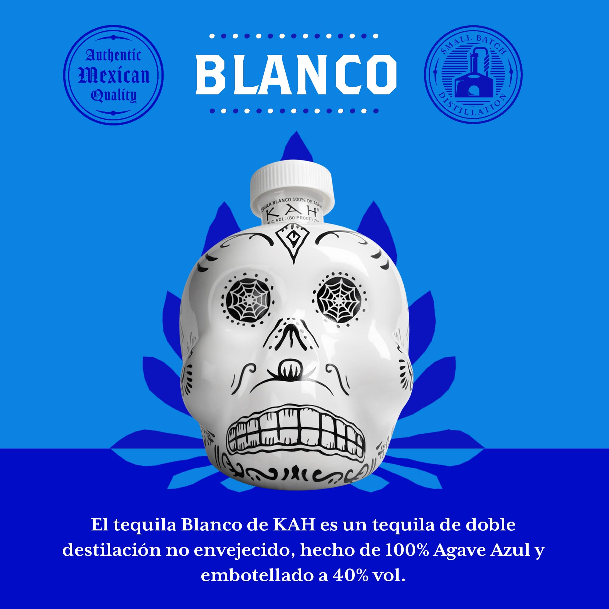 KAH Tequila Blanco - Botella Blanca Decorada Día de los Muertos - 100% Agave Azul, Doble Destilación, Triple Filtración - Añejo - 40% vol 70 cl (700ml / 0.7 Litro)