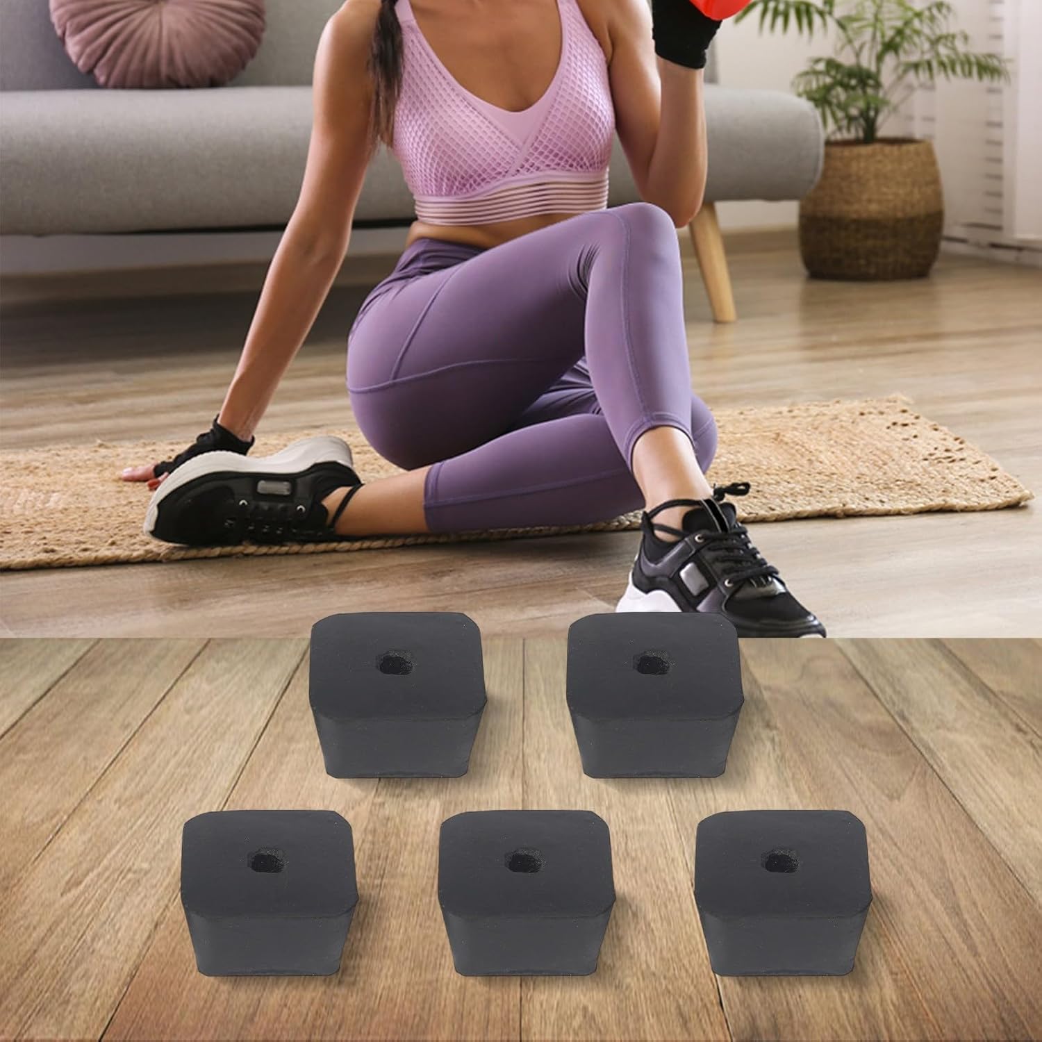 5pcs Rubber Shock Absorbing Pads 46x46x25mm with 16mm Hole, Anti-Slip Feet Bumpers for Gym Equipment Fitness Bike Weight Stack Furniture, Black