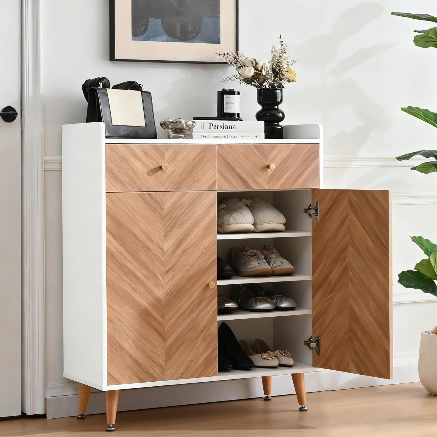 Shoe Organizer Cabinet with 2 Doors, 4-Tier Shoes Storage Cabinet for Entryway,20 Pairs Modern Geometry Shoe Cabinet with 2 Drawer for Hallway