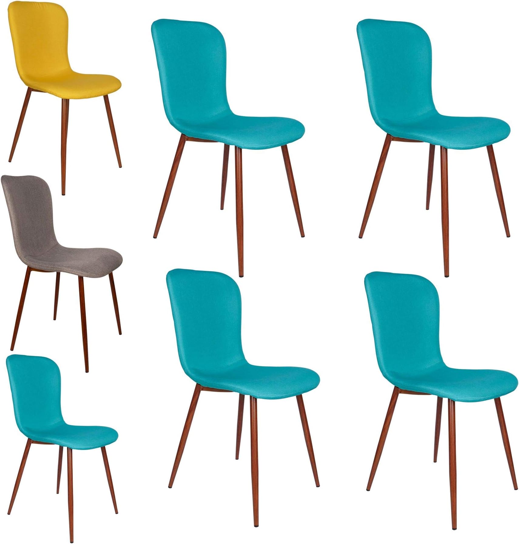 Cosy7 Vera Collection Modern Padded Fabric Dining Chairs Blue Set of 4 | Mahogany Wooden Printed Metal Legs, Comfy Cushioned Seat & Timeless Retro Design | For Living Room, Kitchen, Lounging & More