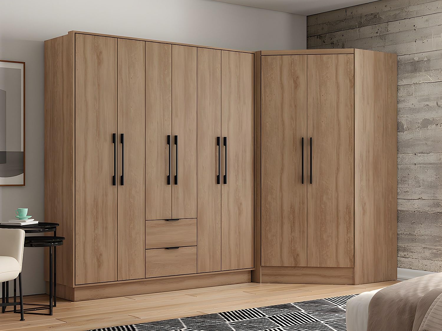 Vente-unique - Armoire d'angle 8 Portes et 2 tiroirs - L263 cm - Coloris : Naturel - FEOVA