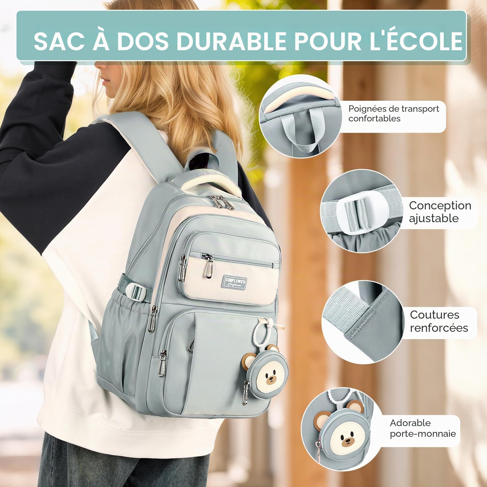 Amythe Sac à Dos pour Enfants de L'école Primaire CM1 CM2, 40L Cartable Fille Collège, Grand Sac Ecole pour Filles de 10 à 18 Ans avec Joli Porte-monnaie, Adapté aux Chariot