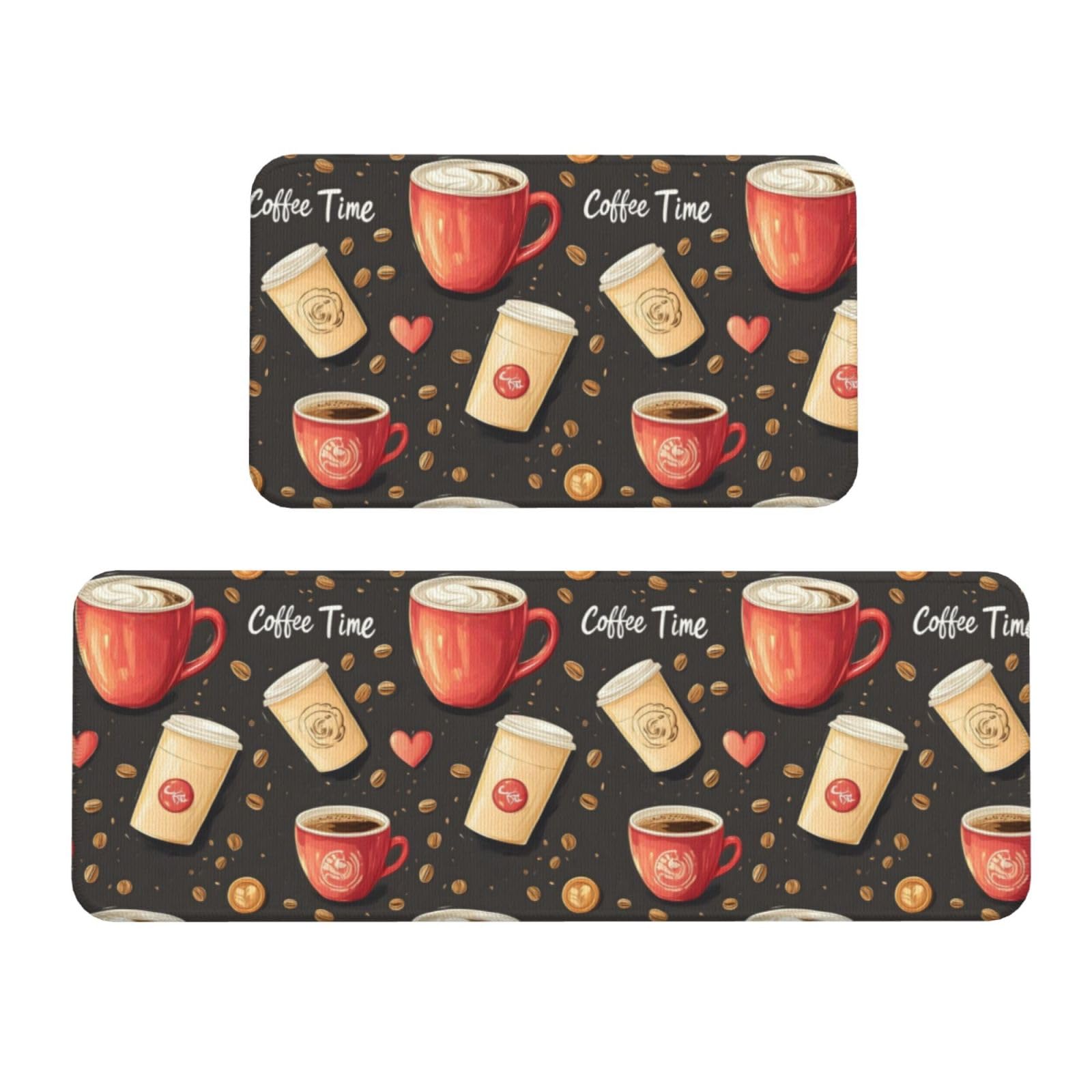 GVYGVY Antifatigue Kitchen Mats for Floor 2 Piece - Coffee Time Print Kitchen Rugs Washable, Non Slip Runner Rug Standing Mat for Office/Bathroom/Laundry/Home Decor and Accessories