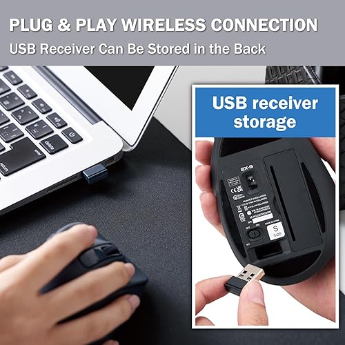 Miniatura 9 de ELECOM Ratón inalámbrico de forma ergonómica, 2.4 GHz con mini receptor USB, clic silencioso, mano derecha 2000 DPI, 5 botones, sensor optocal,