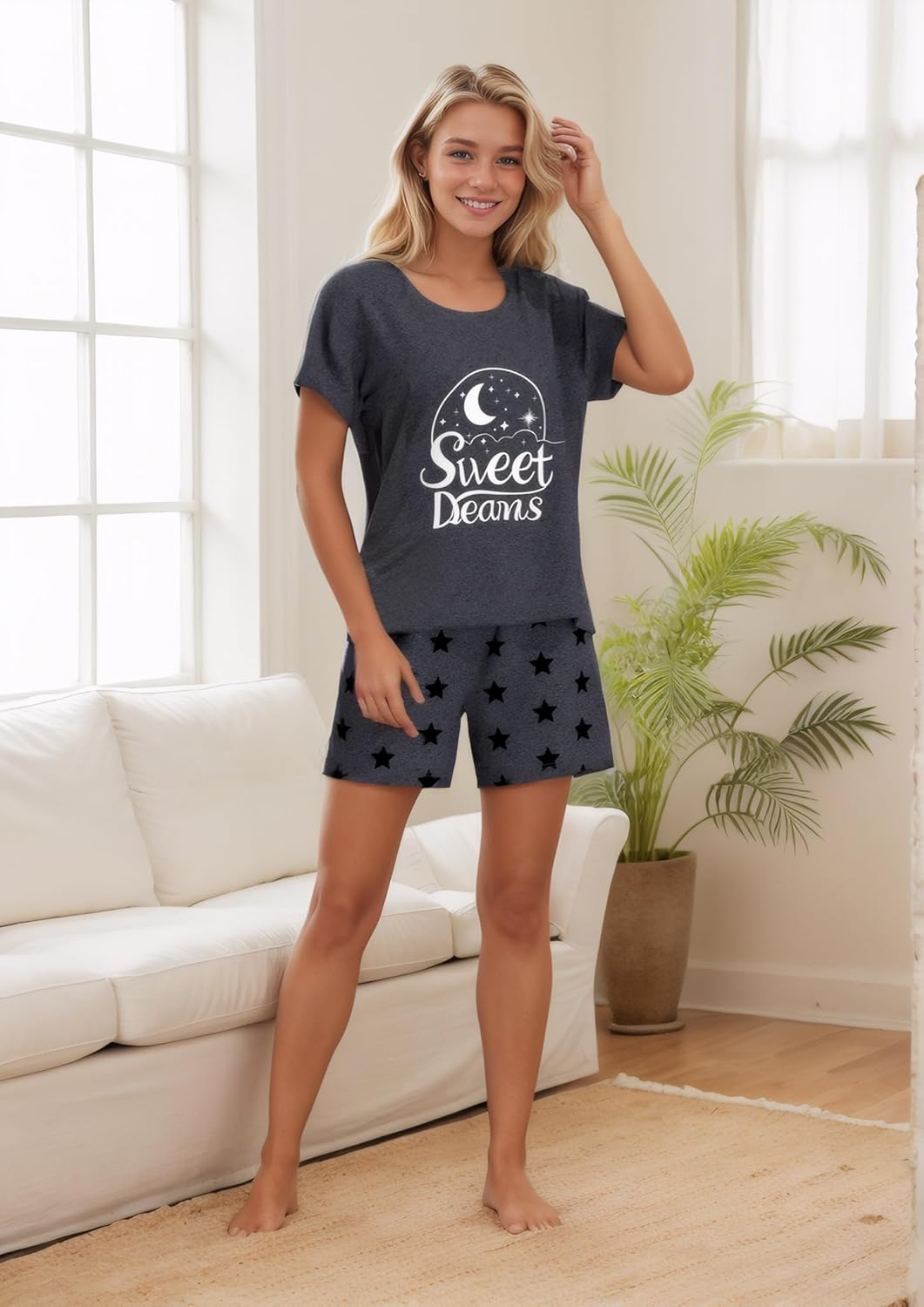 weVSwe Womens Pajamas Two Piece Adjustment Drawstring Loungewear Sets Sleepwear For Women Short Sleeve Pjs Set S-XXL - Image 3