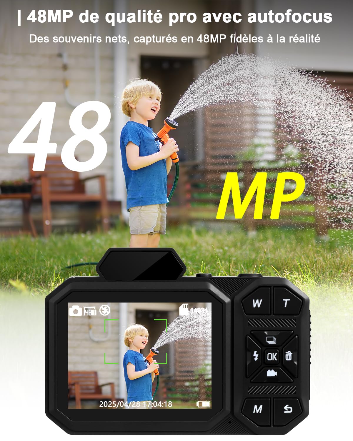 Appareil Photo Numérique, 4K Camera Vlog avec Carte De 64 Go, Autofocus 48MP, Zoom 12X, Flash Et Anti-Vibrations, Appareil Photo Compact, Digital Camera pour Adulte Étudiant et Adolescents