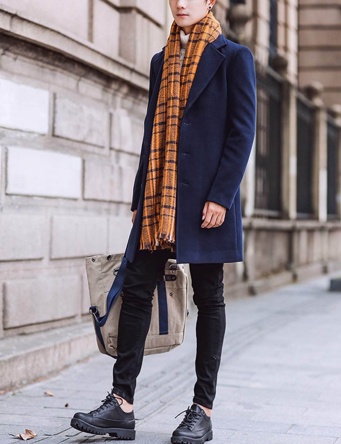 Springrain Men's Wool Blend Pea Coat Notched Collar Single Breasted Overcoat Warm Winter Trench Coat - Image 2