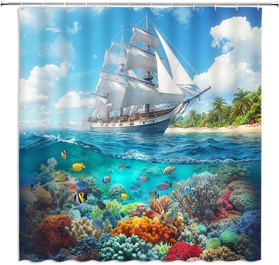 Pirate Ship Shower Curtain Tropical Fish Nautical Sailboat Blue Teal Ocean Sea Coastal Island Landscape Bathroom Decor Curtains Set with Hooks, 90" W x 70" H