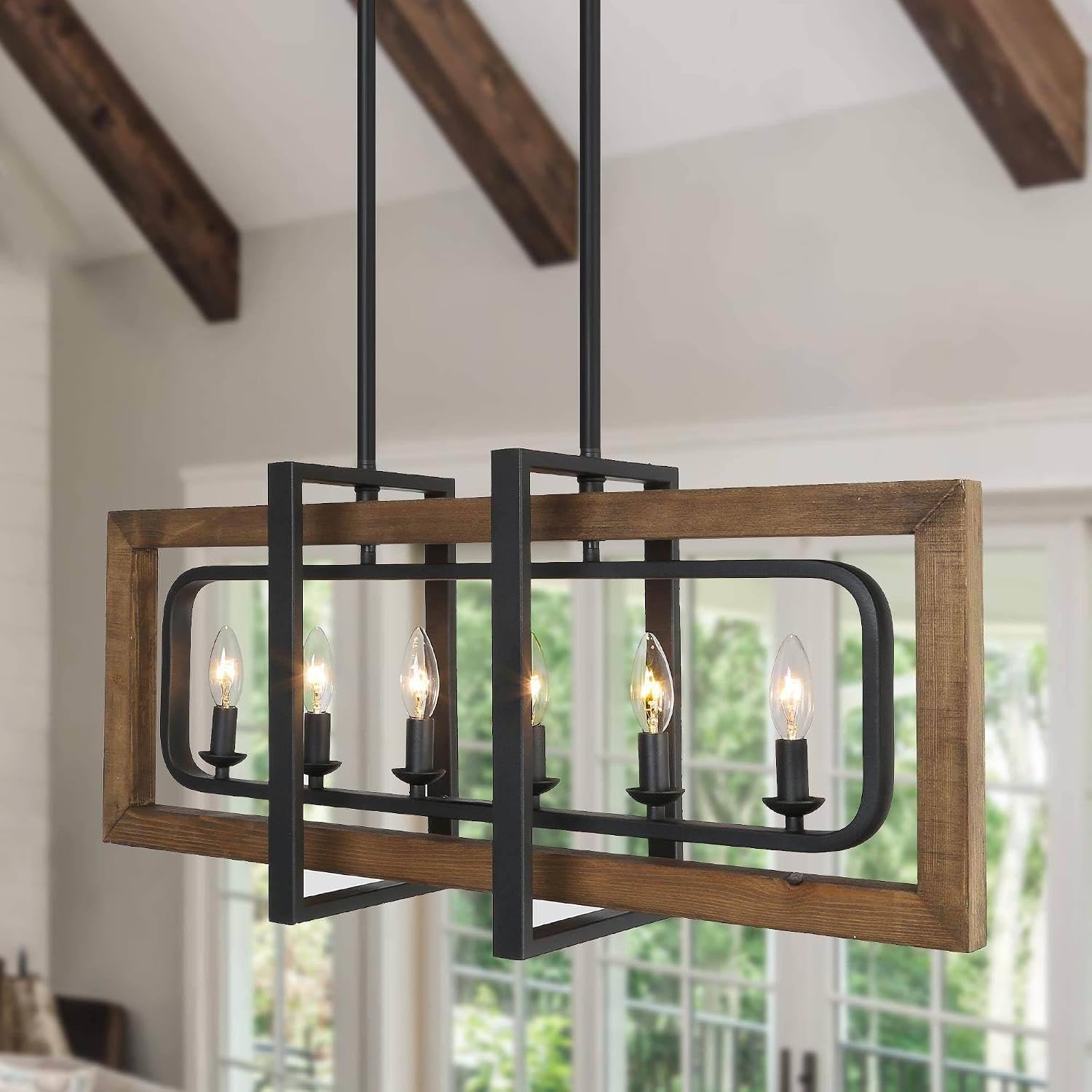 Farmhouse Rectangle Chandelier, 6-Light Wood Island Light with Black Metal Finish for Kitchen, Dining Room