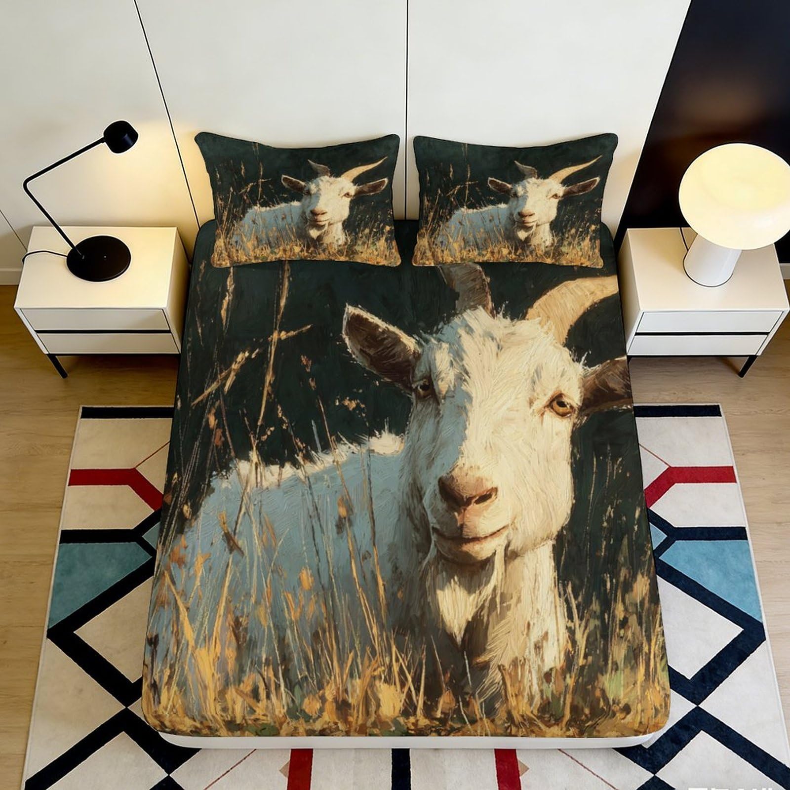 3D Printed White Goat Fitted Sheet Microfiber Anti-Slip Farm Meadow Bed Sheet for Bedroom Guest Room Mattress Decor 90x200x25cm