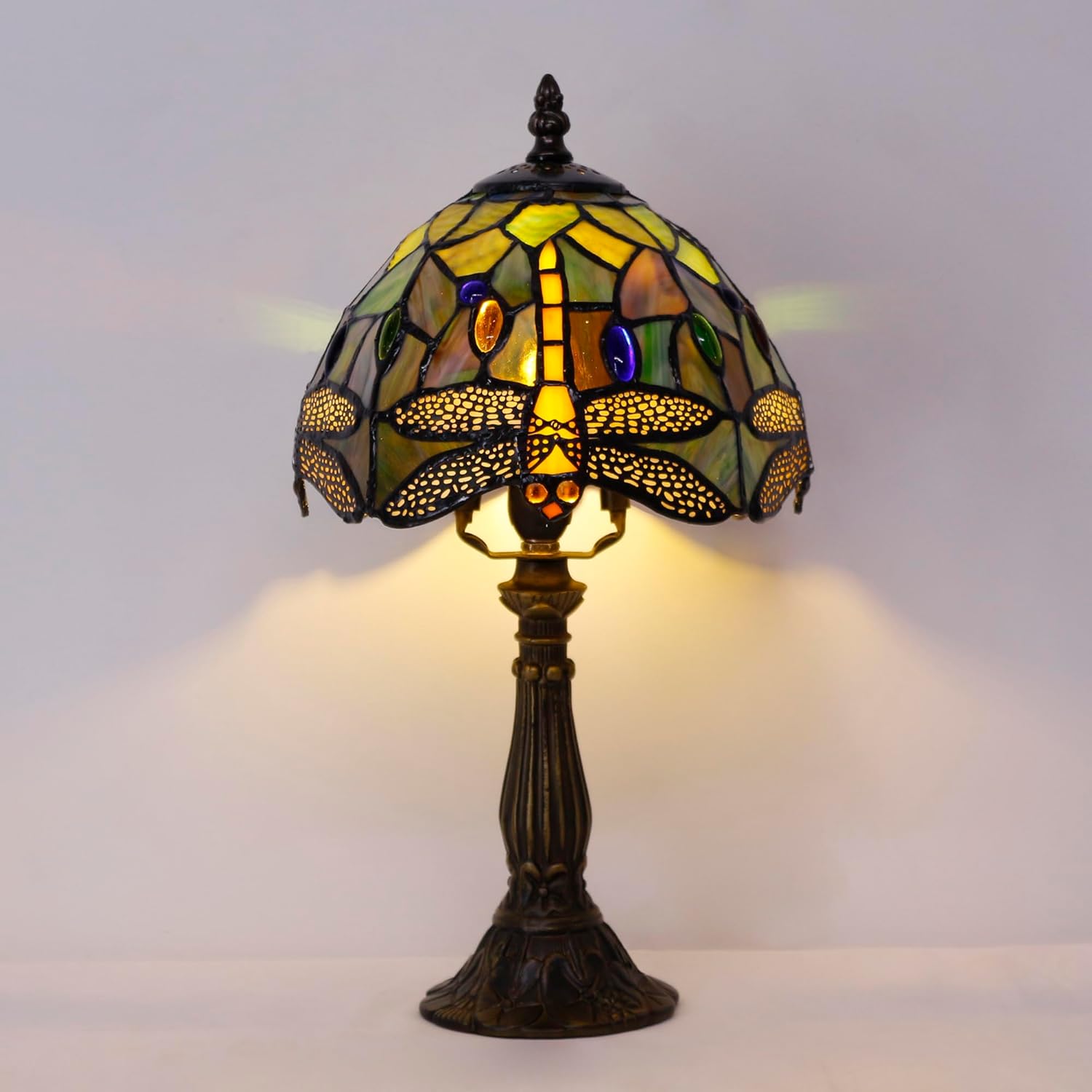 Tiffany Lamp Touch Control Table Lamp Brown Yellow Stained Glass Desk Lamp 8X8X14.5 Inches Dragonfly Style Reading Light