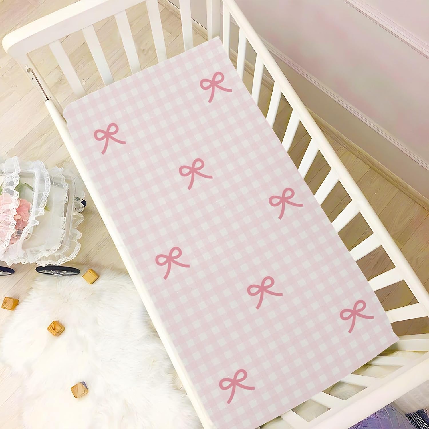 Pink Checkered and Bows Fitted Crib Sheets Stretchy Portable Playard Sheets for Baby Toddler, Breathable Soft Mini Crib Mattress 52 x 28 in for Boys and Girls