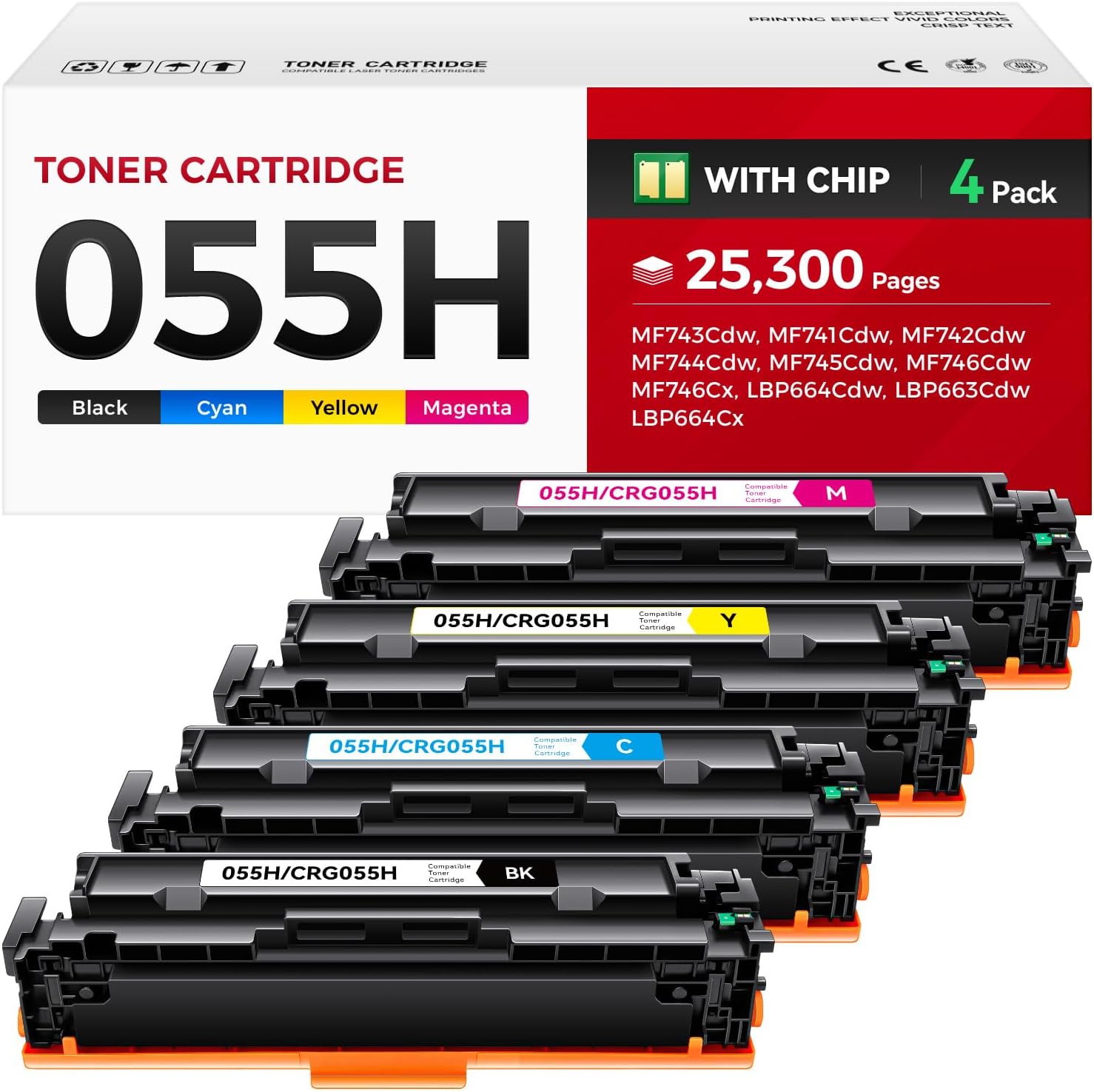 055H Toner Cartridge Set 4-Pack Black Cyan Yellow Magenta Compatible with Canon 055 CRG-055 055H Toner for Canon Color imageCLASS MF743Cdw MF741Cdw MF745Cdw MF746Cdw LBP664Cdw Printer Ink MF743 MF741