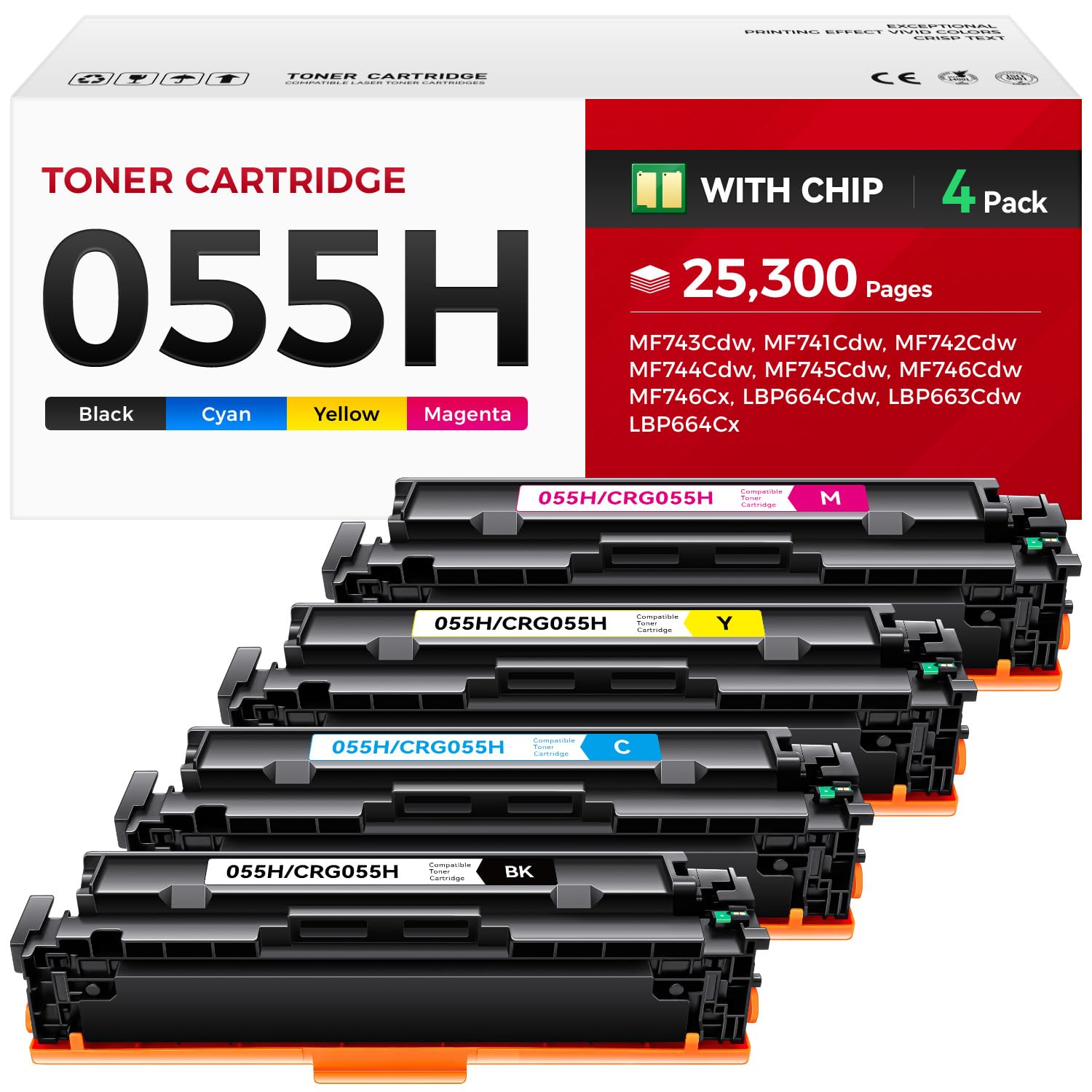 055H Toner Cartridge Set 4-Pack Black Cyan Yellow Magenta Compatible with Canon 055 CRG-055 055H Toner for Canon Color imageCLASS MF743Cdw MF741Cdw MF745Cdw MF746Cdw LBP664Cdw Printer Ink MF743 MF741