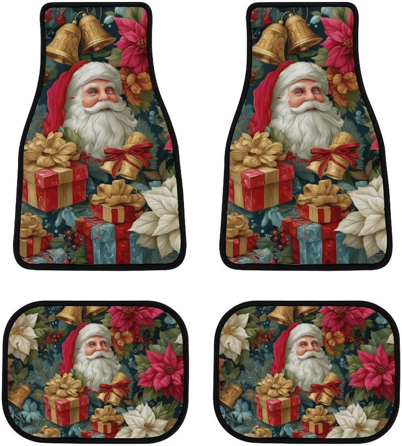Car Floor Mat 4 Piece Set Anti-Skid Santa Gifts Flowers Bells Automotive Carpet Foot Pads All Weather Interior Accessories Decorative Universal Fit for Van Auto Truck