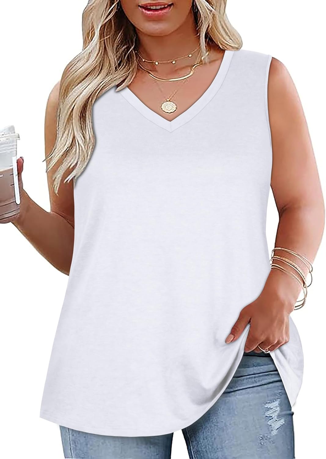 Plus Size Tanks Women Summer Top V Neck Sleeveless Top Loose Fit Tee Workout Shirts