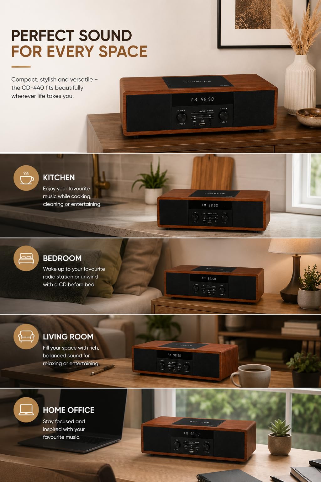 ROXELLE Sistema Hi-Fi compatto CD-440 con lettore CD, Bluetooth, radio FM, riproduzione MP3 USB, AUX e jack per cuffie, 2 altoparlanti stereo da 10 W, telecomando, finitura in legno di noce