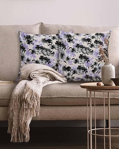 Miniatura 2 de MAIANNE Paquete de 2 fundas de almohada de algodón, color negro y morado con diseño floral de acuarela dibujadas a mano, fundas de almohada