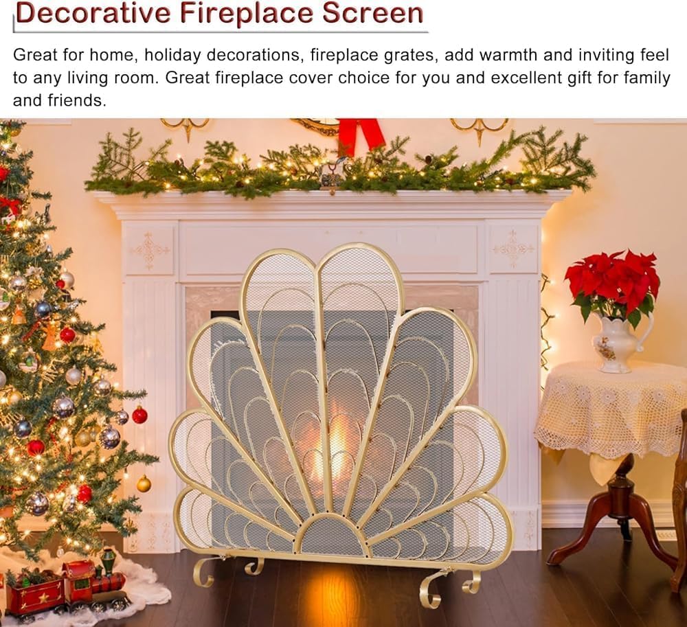 New Single Panel Fire Guards for Wood Burning Fireplace, 38"" W X 32"" H Peacock-Shaped Fireplace Screen Partition, Heat Resistant Stand Alone Fire Gate
