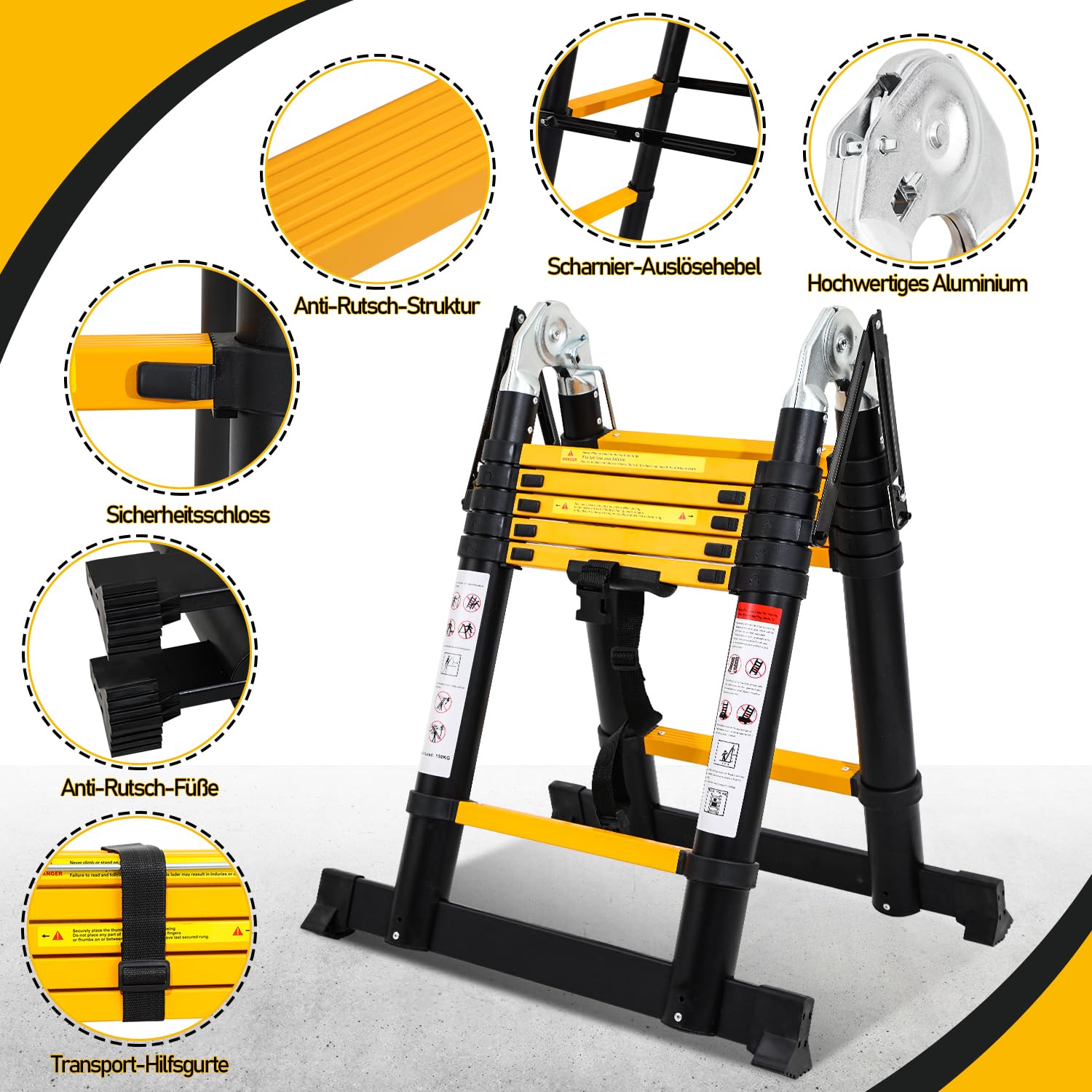 Herrselsam 3.8m(1.9m+1.9m) Teleskopleiter Klappleiter Aluminium, Mehrzweckleiter mit Tragegriff, Rutschfester Tragbar Alu Leiter Maximale Tragfähigkeit 150kg, Schwarz Gelb