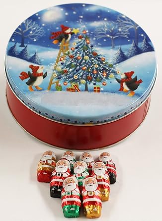 Scotts Cakes Foil Wrapped Solid Milk Chocolate 2" Cute Santas in a Mini Penguin Tree Trimming Tin