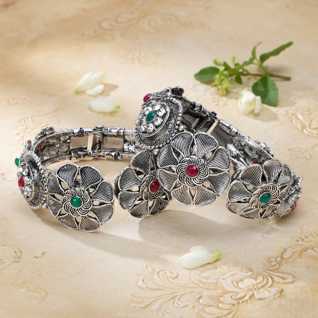 Efulgenz Indian Oxidized Bangle Bracelet Set for Women Boho Oxidized Antique Crystal Hinge Openable Bracelet Bangle Set Fashion Statement Wedding Jewelry for Women (2 Pcs)