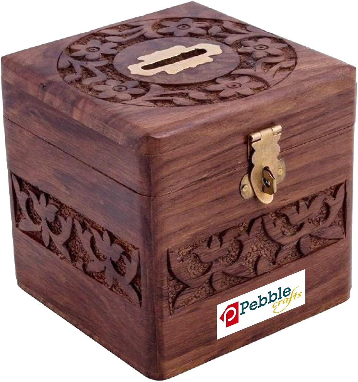 PEBBLECRAFTS Handmade Wooden Square Money Piggy Bank Coin Box with Beautiful Carving Design for Kids Children's and Adults