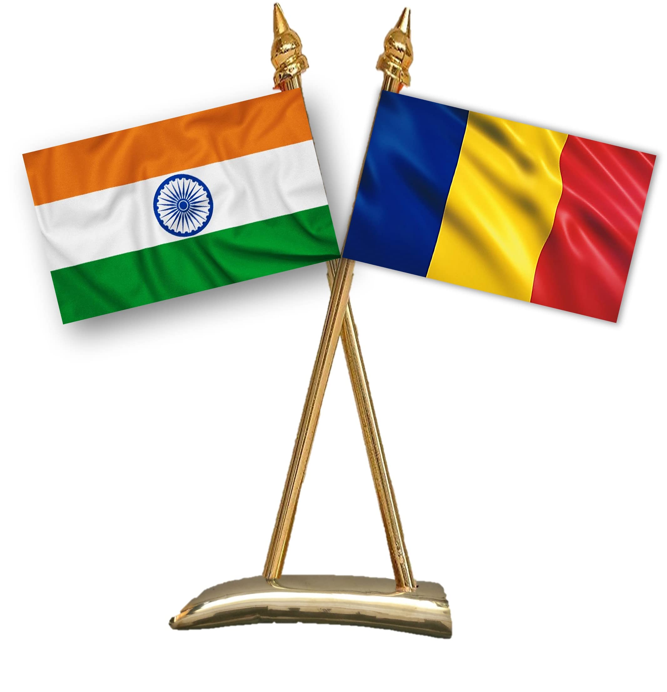 UNIq Romania & INDIA Miniature Double Sided Flags with Criss-Cross Classy Brass Base Flag Table Stand