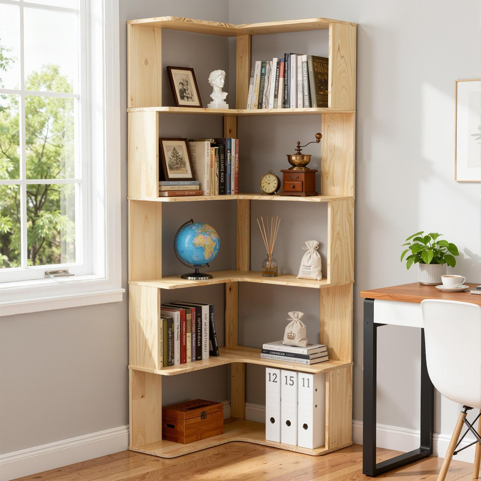 Scaffale angolare, libreria, 6 ripiani, grande e moderna, ad angolo, a forma di L, per camera da letto, soggiorno, studio, 157 x 60 x 60 cm