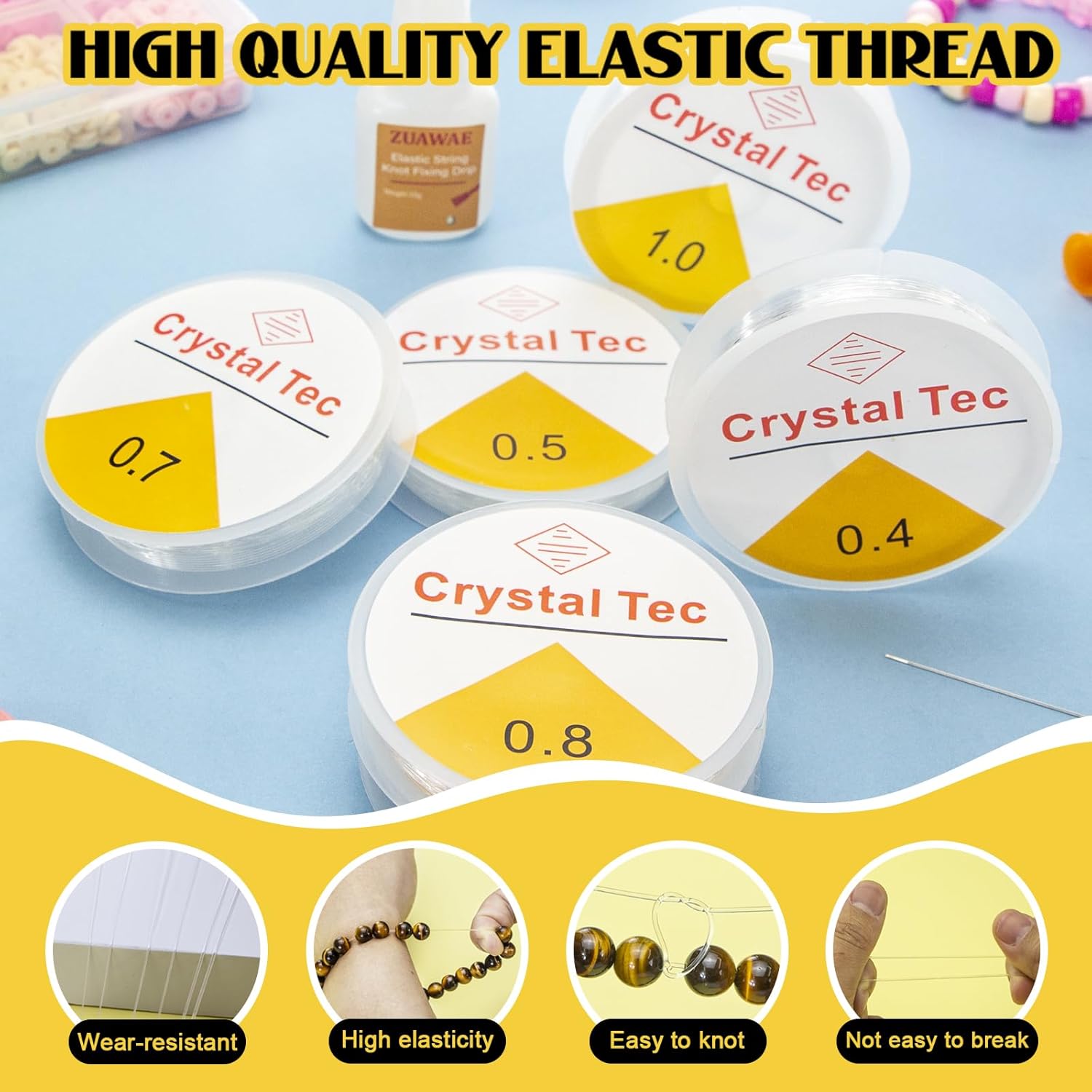 Elastic String for Bracelets, Stretchy Bracelet String 6 Roll Clear Elastic String for Bracelets, 1 Roll 0.7mm Flat Bracelet String Elastic for Beads Beading Bracelet Necklace Jewelry Making Supplies - Image 2