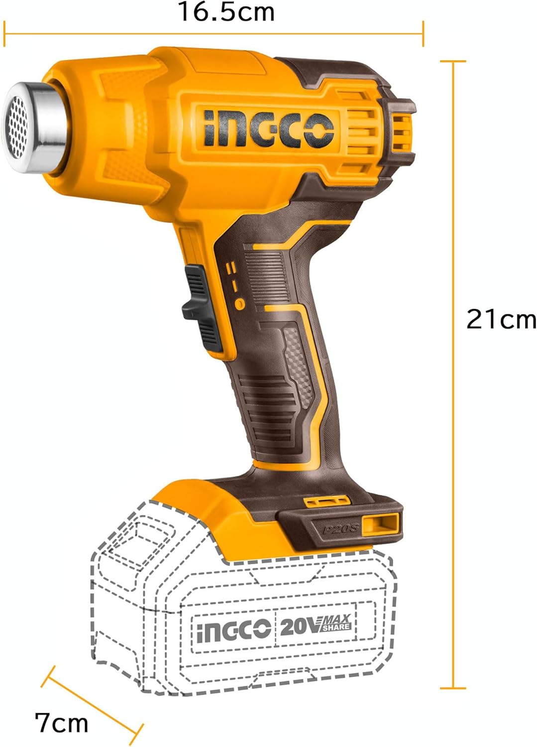 Diagram showing the dimensions of the INGCO heat gun: 16.5cm width, 21cm height, and 7cm battery depth.