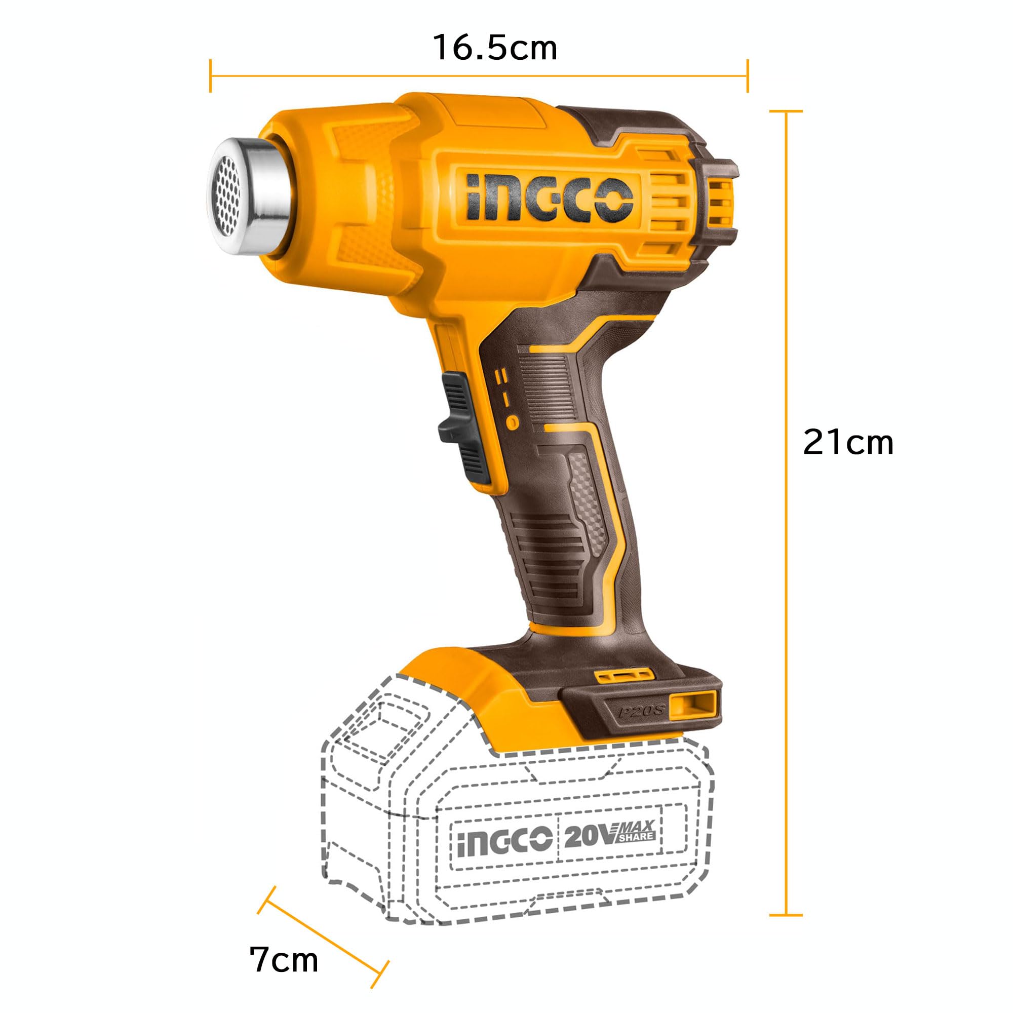 INGCO Pistolet à Air Chaud sans Fil 20V Contrôle de Température Variable, 300/550 °C, Decapeur Thermique Portable avec Batterie 4,0 Ah, Chargeur, 3 Buses, pour Travaux Manuels HGLI20025
