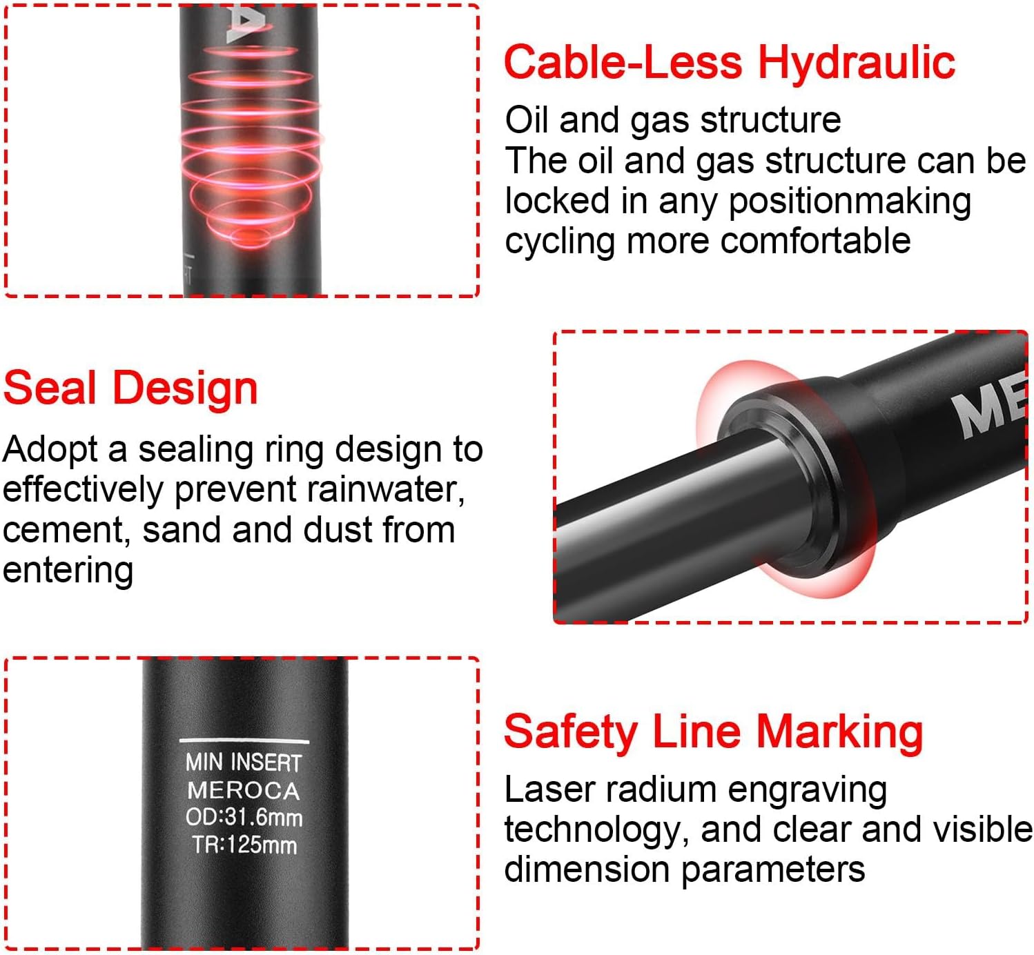 Hydraulic Dropper Seatpost, Aluminum Alloy, Cable-Less Design, 27.2/30.9/31.6mm Diameter, 100-150mm Travel Dropper Post for MTB/E-Bike/Road Bike