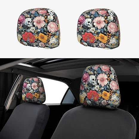 2 Pack Skull with Floral Car Seat Headrest Cover, Cute Skull Car Headrest Protector Seat Cover Elastic, Auto Interior Decor Front & Rear Seat Headrest Pads for Truck SUV, Universal Fit