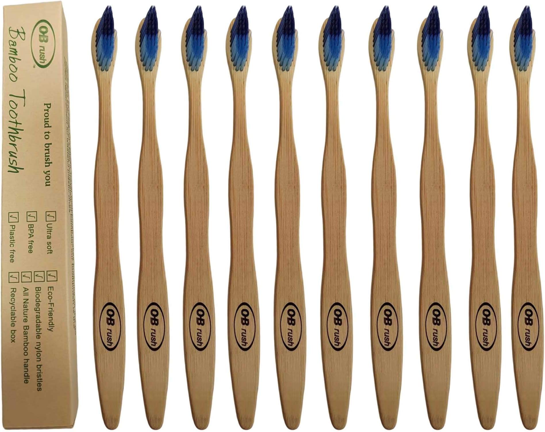 OB Rush Eco-Friendly Natural Bamboo Toothbrush BPA Free Biodegradable Handle 2 Color Bristles Pack of 10