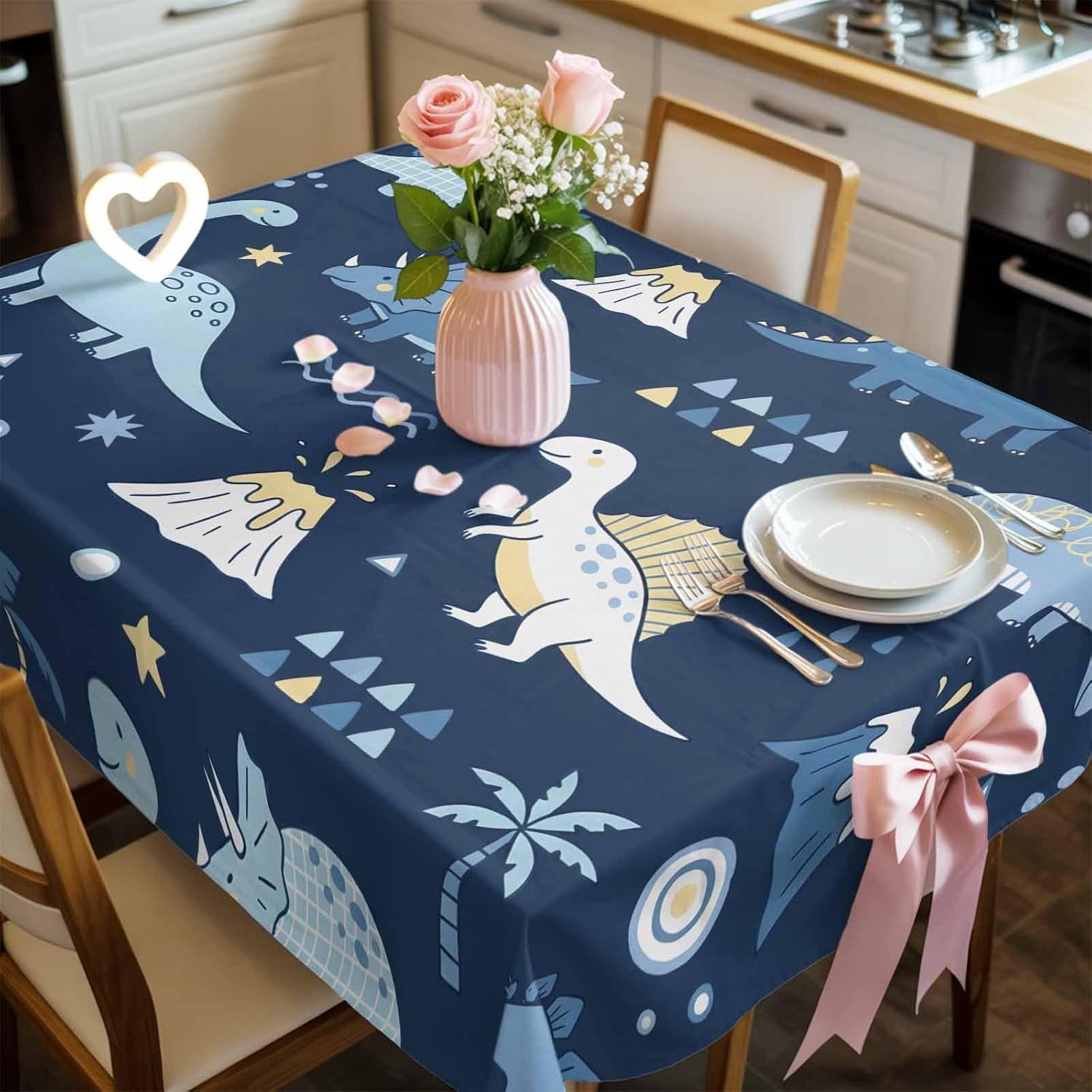Children's Day Waterproof Table Cloth Cartoon Blue Dinosaurs Volcanoes Palm Tree Deep Blue Waterproof & Wrinkle Table Cover, Washable Polyester Soft Fabric Table Cloth for Outdoor Indoor Parties