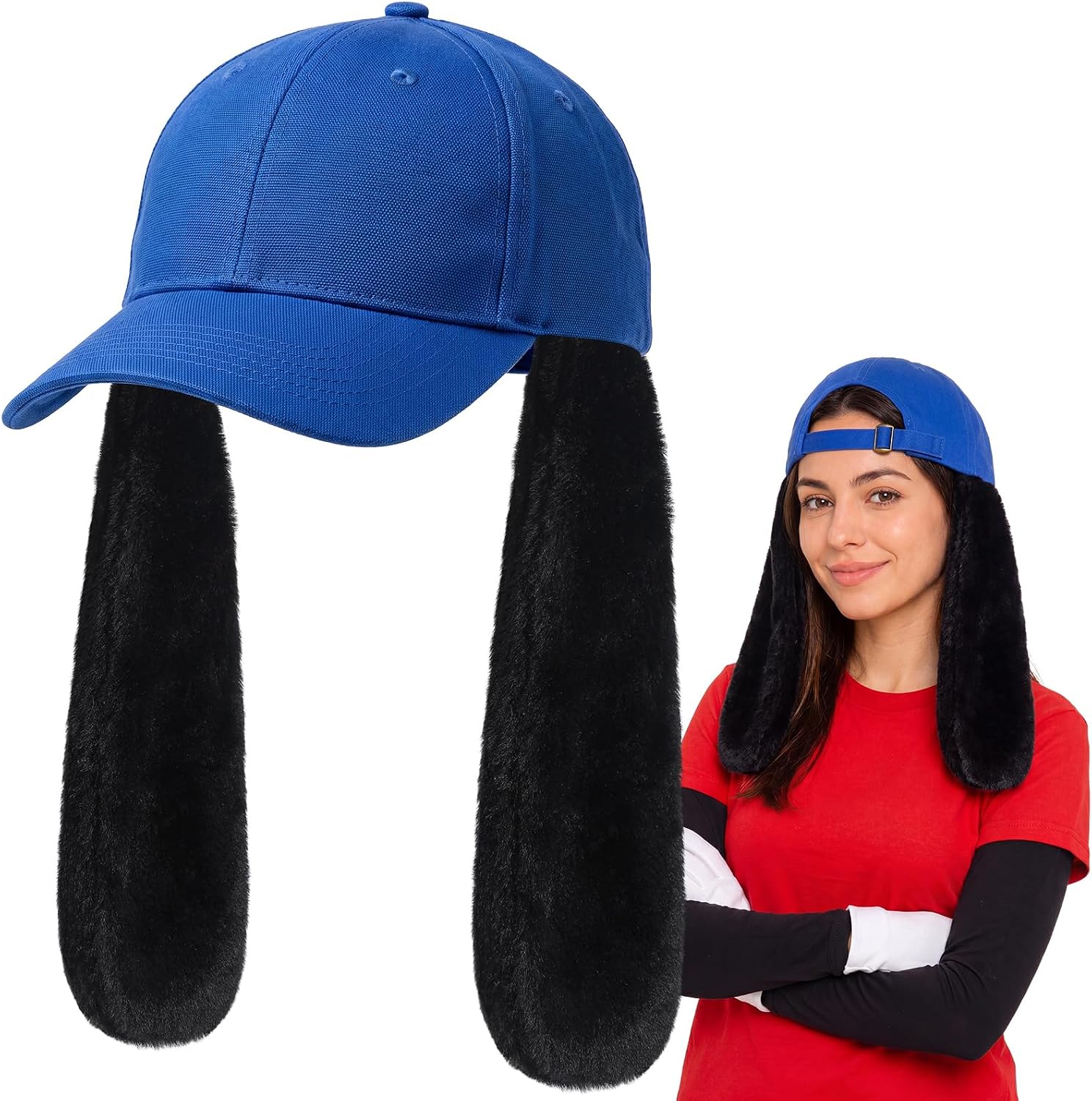 Hercicy Halloween Black Dog Ears Hat Blue Baseball Cap with Long Black Floppy Dog Ears Cartoon Character Costume Accessories for Adults Halloween Cosplay Party Holiday Gifts