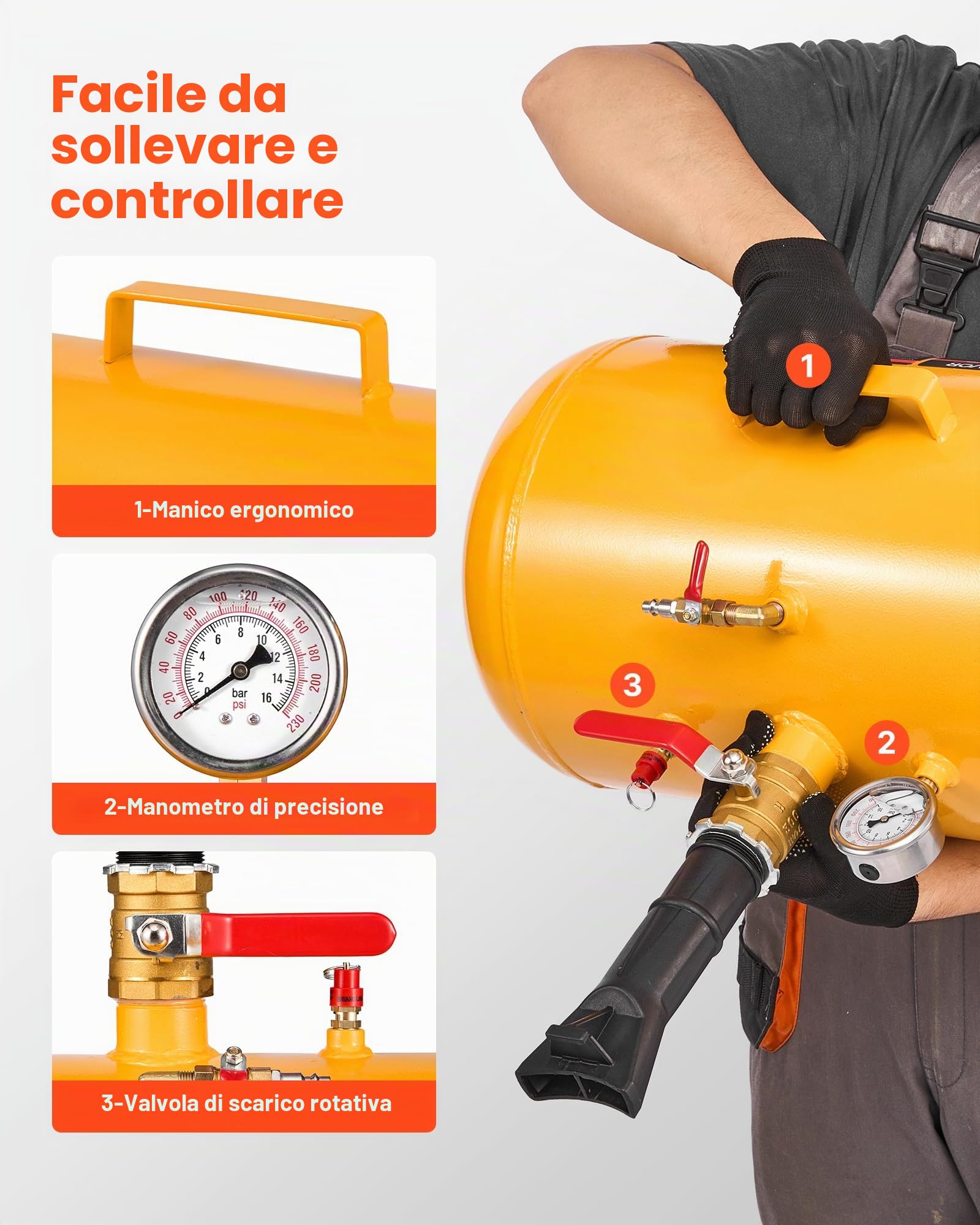 VEVOR Strumento per Rimozione dei Talloni dei Pneumatici per Impieghi Gravosi, Pressione 0,6 a 0,8 MP, 37,9 L, Gonfiatore ad Aria Compressa per ATV, Trattori, Pick-Up, Camion, Jeep, Giallo