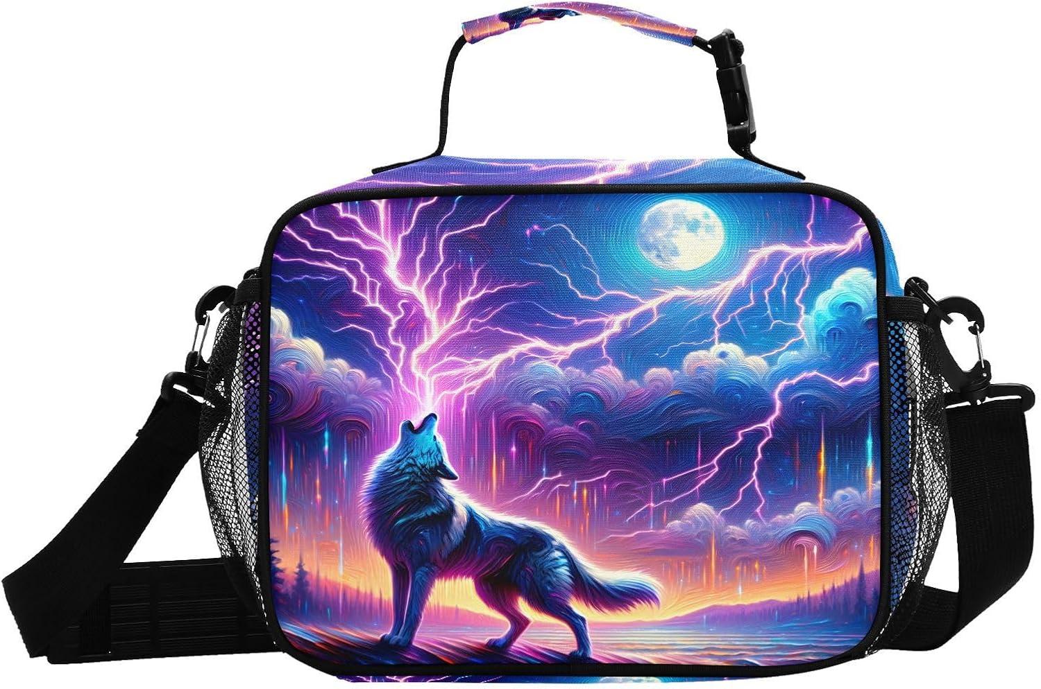 Wolf Howling in Moon Night Lunch Box for Boys Girls Insulated Lunch Bag Kids Cooler Tote Shoulder Strap Reusable School Picnic Travel Office