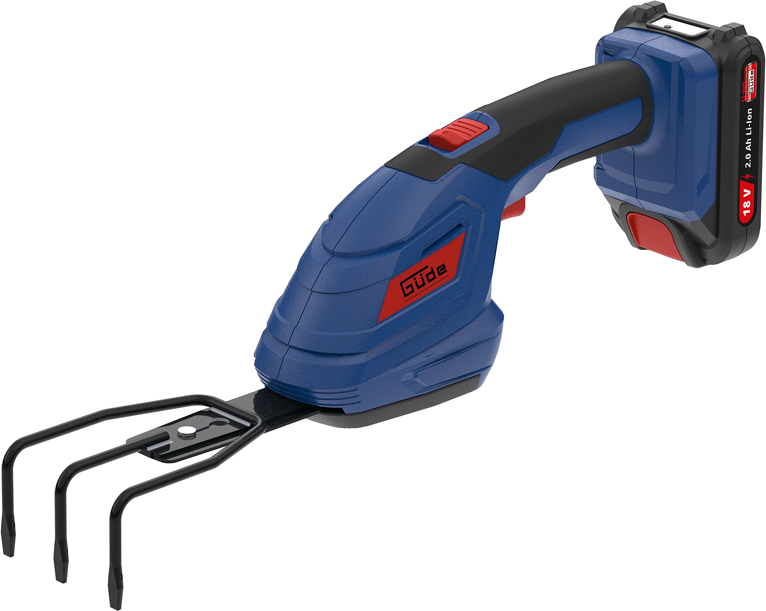 Güde Akku Gartenpflege-Set GPS 18-201-05 (18V, Grasscherenaufsatz, Hecken-/Strauchscherenaufsatz, Harkenaufsatz), Blau, Schwarz, Rot