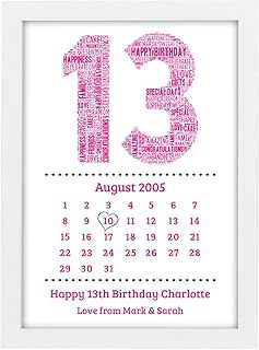 13th, 16th, 18th, 21st, 30th, 40th, 50th, 60th, 70th Personalised Birthday Calendar Date Gifts - Presents for Her, Girls, Daughter, Mum, Nan, Him, Boys, Son, Dad, Grandad - A5, A4 Prints and Frames