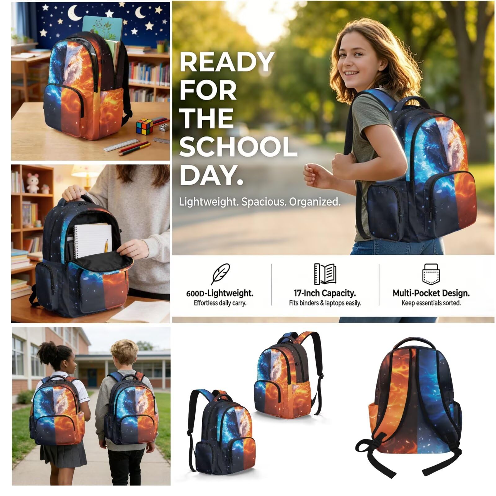 Teenager Jungen Schulrucksack mit Lunchbox Federmäppchen für Grundschule Grundschule, Flame Wolf, L, Casual