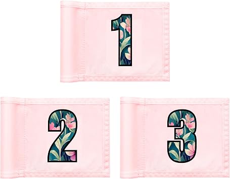 Golf Flag 8x6 Inch 420D Nylon Double-Sided Mini Pin Flag with Tube Inset, Practice Putting Green Flags for Yard Numbered Pink - Set of 3